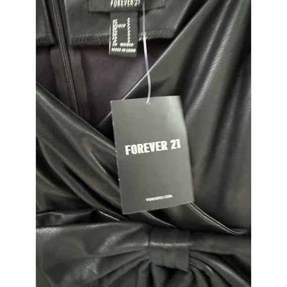 Forever 21 S Faux Leather Black Mini Dress Bow Puff Sleeve Goth Witchy - Picture 5 of 7